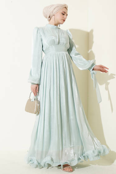 Etek Ucu Fırfırlı Büzgülü Abiye Elbise Çağla Yeşili - Elbise