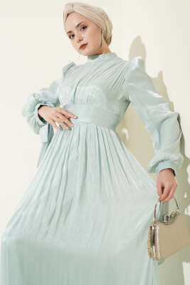 Etek Ucu Fırfırlı Büzgülü Abiye Elbise Çağla Yeşili - Elbise