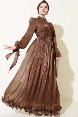 Etek Ucu Fırfırlı Büzgülü Abiye Elbise Kahve - BERAT TEKSTİL