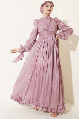 Etek Ucu Fırfırlı Büzgülü Abiye Elbise Pudra - BERAT TEKSTİL