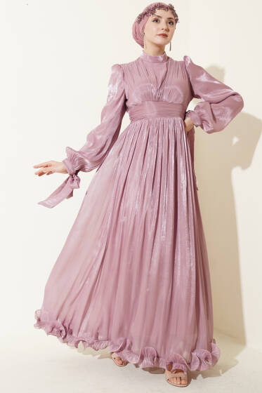 Etek Ucu Fırfırlı Büzgülü Abiye Elbise Pudra - Elbise