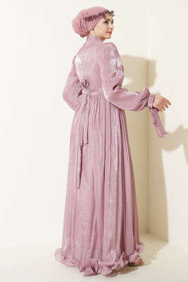 Etek Ucu Fırfırlı Büzgülü Abiye Elbise Pudra - Elbise