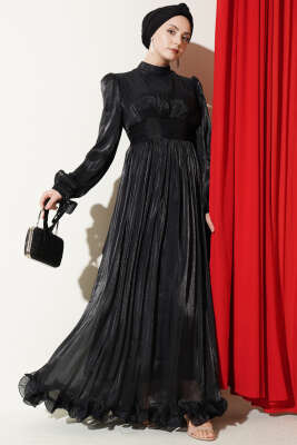 Etek Ucu Fırfırlı Büzgülü Abiye Elbise Siyah - BERAT TEKSTİL