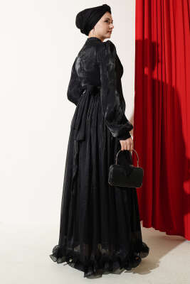 Etek Ucu Fırfırlı Büzgülü Abiye Elbise Siyah - Elbise