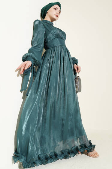 Etek Ucu Fırfırlı Büzgülü Abiye Elbise Zümrüt - Elbise