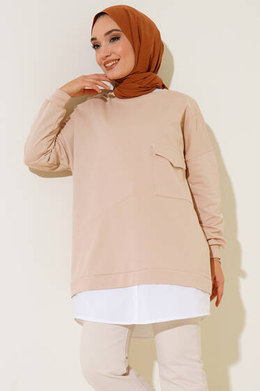 Etek Ucu Garnili Cepli Tunik Bej - Tunik