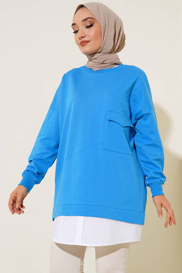 Etek Ucu Garnili Cepli Tunik İndigo - Tunik