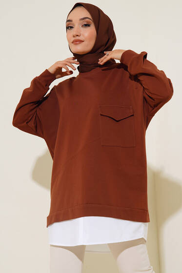 Etek Ucu Garnili Cepli Tunik Kahve - Tunik