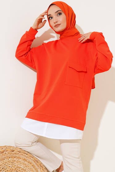 Etek Ucu Garnili Cepli Tunik Oranj - Tunik