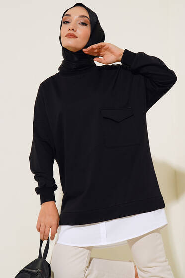 Etek Ucu Garnili Cepli Tunik Siyah - Tunik