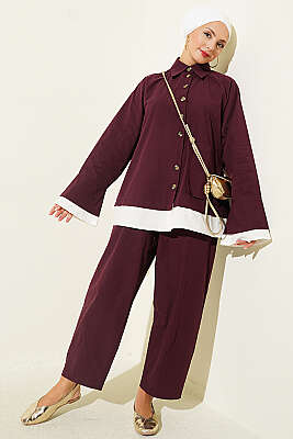 Etek Ucu Garnili İkili Takım Bordo - HOTFASHION