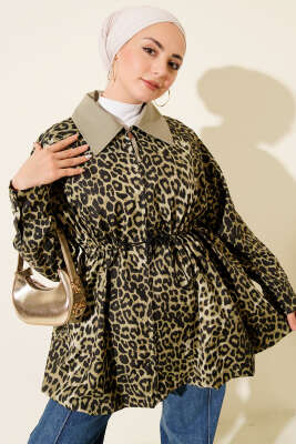 Etek Ucu Gizli Lastikli Leopar Trençkot Çağla Yeşili - HEWES