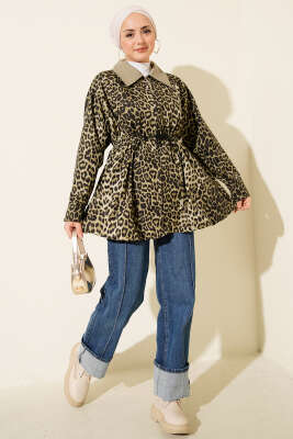 Etek Ucu Gizli Lastikli Leopar Trençkot Çağla Yeşili - Trençkot