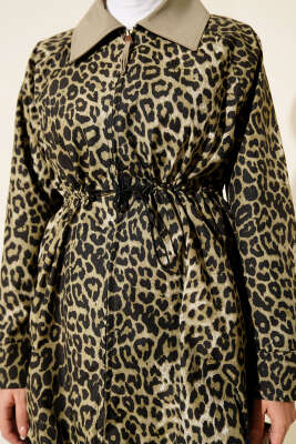 Etek Ucu Gizli Lastikli Leopar Trençkot Çağla Yeşili - Trençkot