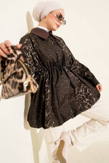 Etek Ucu Gizli Lastikli Leopar Trençkot Kahve - Trençkot