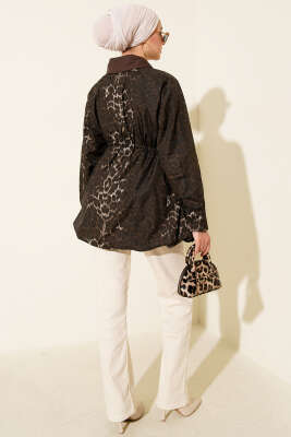 Etek Ucu Gizli Lastikli Leopar Trençkot Kahve - Trençkot