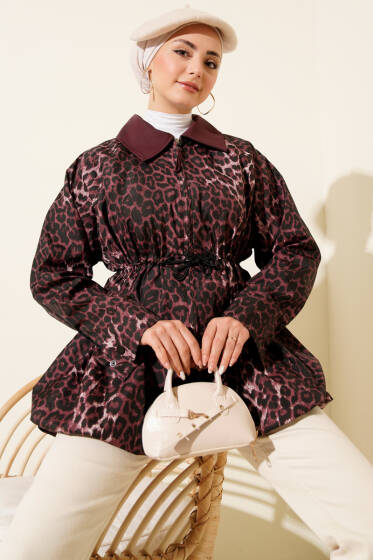 Etek Ucu Gizli Lastikli Leopar Trençkot Mürdüm - Trençkot