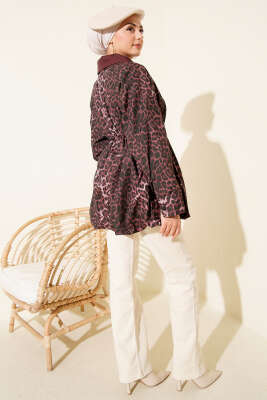 Etek Ucu Gizli Lastikli Leopar Trençkot Mürdüm - Trençkot