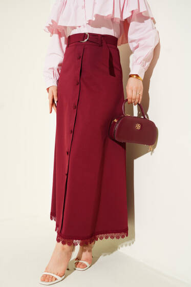 Etek Ucu Güpürlü Düğme Detaylı Etek Bordo - Etek