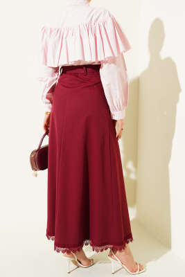 Etek Ucu Güpürlü Düğme Detaylı Etek Bordo - Etek
