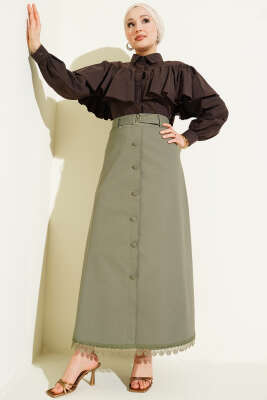 Etek Ucu Güpürlü Düğme Detaylı Etek Haki - Etek