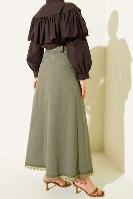 Etek Ucu Güpürlü Düğme Detaylı Etek Haki - Etek