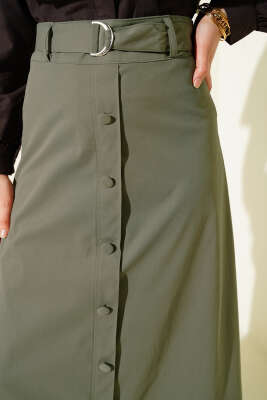 Etek Ucu Güpürlü Düğme Detaylı Etek Haki - Etek