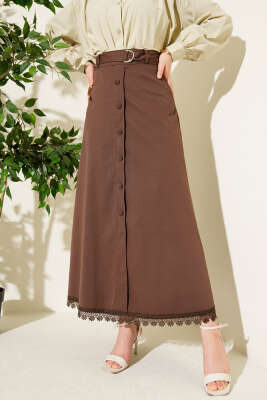 Etek Ucu Güpürlü Düğme Detaylı Etek Kahve - ALİ AKKAYA