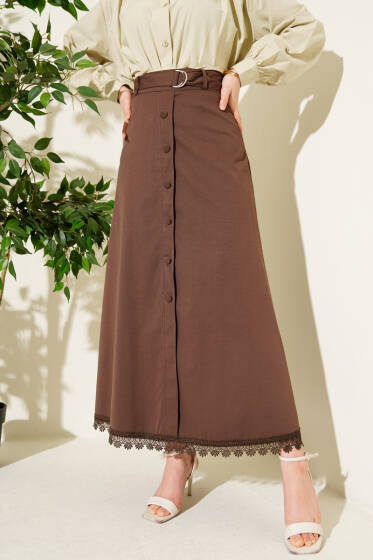 Etek Ucu Güpürlü Düğme Detaylı Etek Kahve - Etek