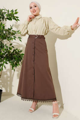 Etek Ucu Güpürlü Düğme Detaylı Etek Kahve - Etek