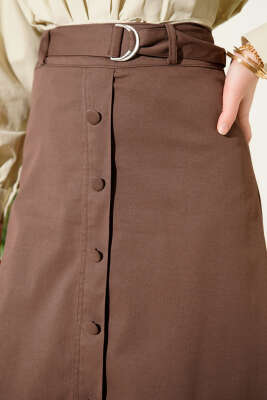 Etek Ucu Güpürlü Düğme Detaylı Etek Kahve - Etek