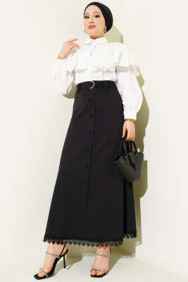 Etek Ucu Güpürlü Düğme Detaylı Etek Siyah - Etek