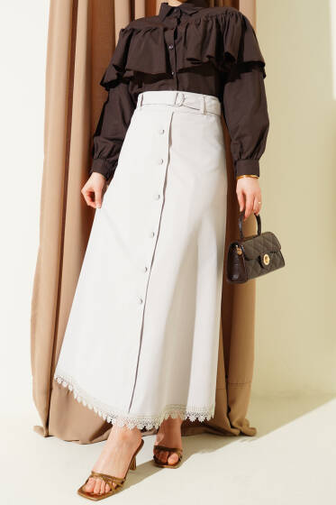 Etek Ucu Güpürlü Düğme Detaylı Etek Taş - Etek