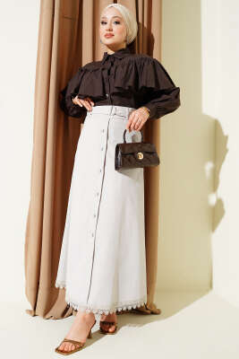 Etek Ucu Güpürlü Düğme Detaylı Etek Taş - Etek