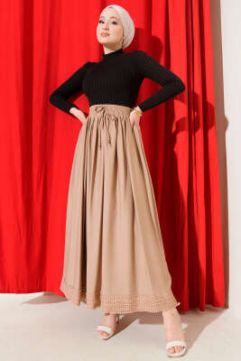 Etek Ucu Güpürlü Kloş Etek Latte - Etek