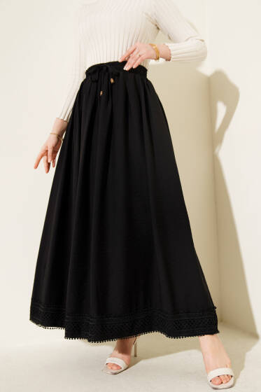 Etek Ucu Güpürlü Kloş Etek Siyah - Etek