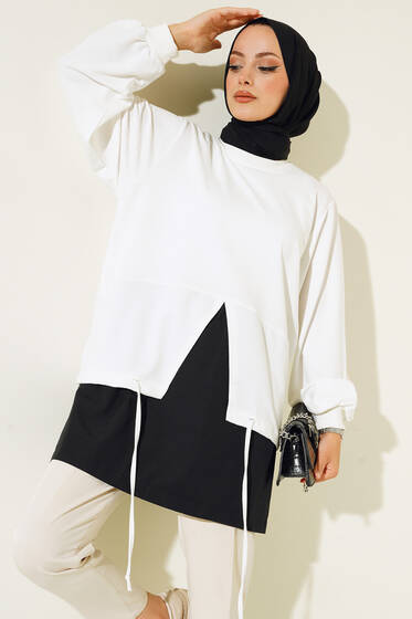 Etek Ucu İp Detaylı Tunik Ekru - Tunik