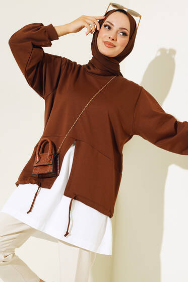 Etek Ucu İp Detaylı Tunik Kahve - Tunik