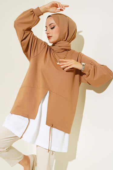 Etek Ucu İp Detaylı Tunik Latte - Tunik