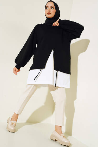 Etek Ucu İp Detaylı Tunik Siyah - Tunik