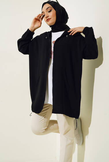 Etek Ucu Lastikli Kapşonlu Hırka Siyah - Uzun Etek