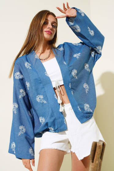 Etek Ucu Lastikli Kimono Mavi - Kadın Giyim Modelleri