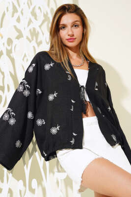 Etek Ucu Lastikli Kimono Siyah - Kadın Giyim Modelleri