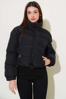 	 Etek Ucu Lastikli Kısa Şişme Mont Siyah 