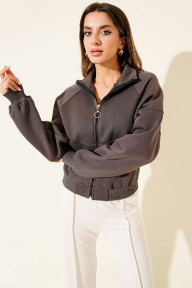 Etek Ucu Lastikli Üç İplik Kısa Hırka Füme - Kadın Giyim Modelleri