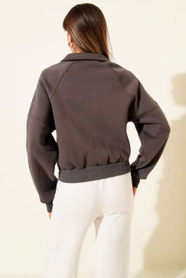 Etek Ucu Lastikli Üç İplik Kısa Hırka Füme - Kadın Giyim Modelleri