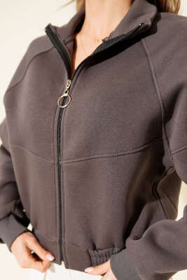 Etek Ucu Lastikli Üç İplik Kısa Hırka Füme - Kadın Giyim Modelleri