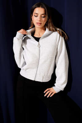 Etek Ucu Lastikli Üç İplik Kısa Hırka Melanj Gri - CALİENTE