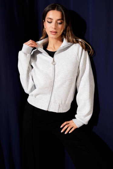 Etek Ucu Lastikli Üç İplik Kısa Hırka Melanj Gri - Kadın Giyim Modelleri