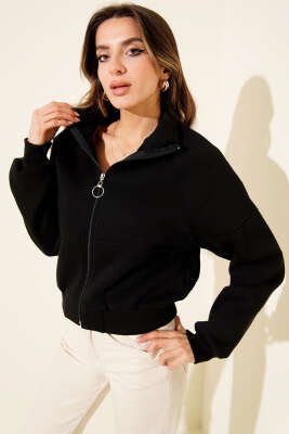 Etek Ucu Lastikli Üç İplik Kısa Hırka Siyah - CALİENTE